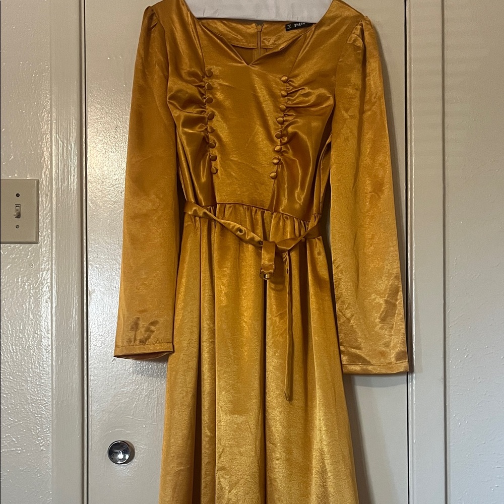 Apt. 9 Mustard Satin Long-Sleeve Midi Dress with Button Detail